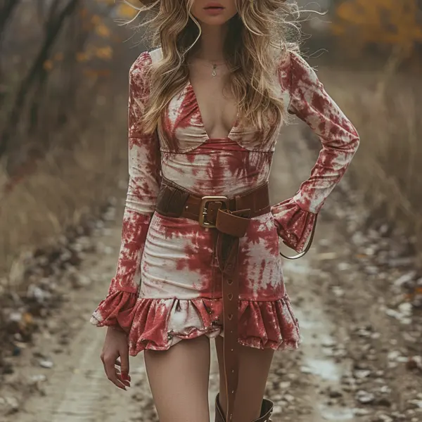 Retro V-neck Women's Tie Dye Long Sleeve Dress Halloween Red And White Short Dress Party Skirt - Ootdyouth.com 