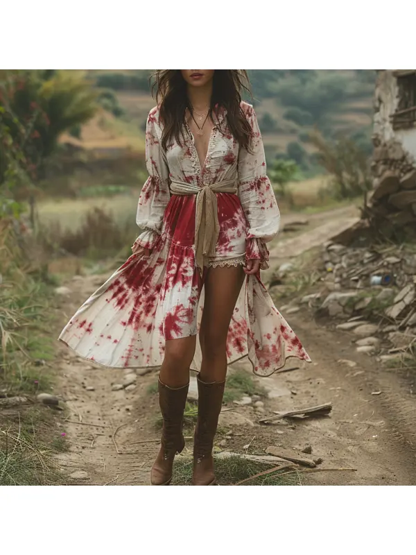 Retro V-neck Women's Tie Dye Long Sleeve Dress Halloween Red And White Short Dress Party Skirt - Realyiyi.com 