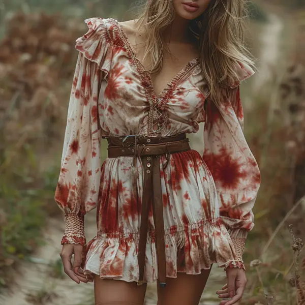 Retro V-neck Women's Tie Dye Long Sleeve Dress Halloween Red And White Short Dress Party Skirt - Ootdyouth.com 