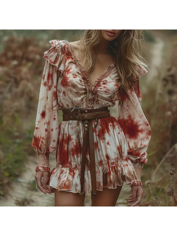 Retro V-neck Women's Tie Dye Long Sleeve Dress Halloween Red And White Short Dress Party Skirt - Viewbena.com 