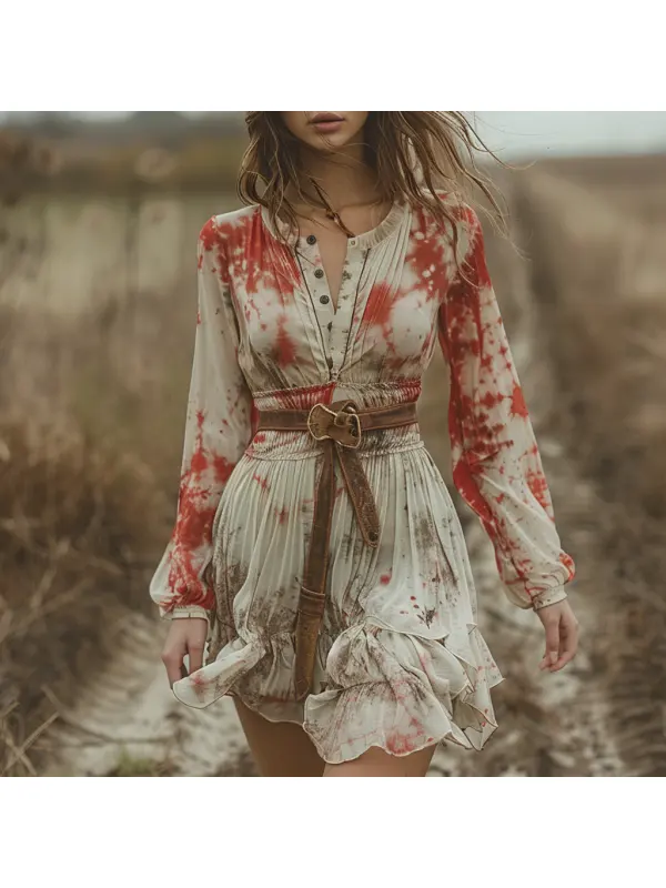 Retro V-neck Women's Tie Dye Long Sleeve Dress Halloween Red And White Short Dress Party Skirt - Cominbuy.com 