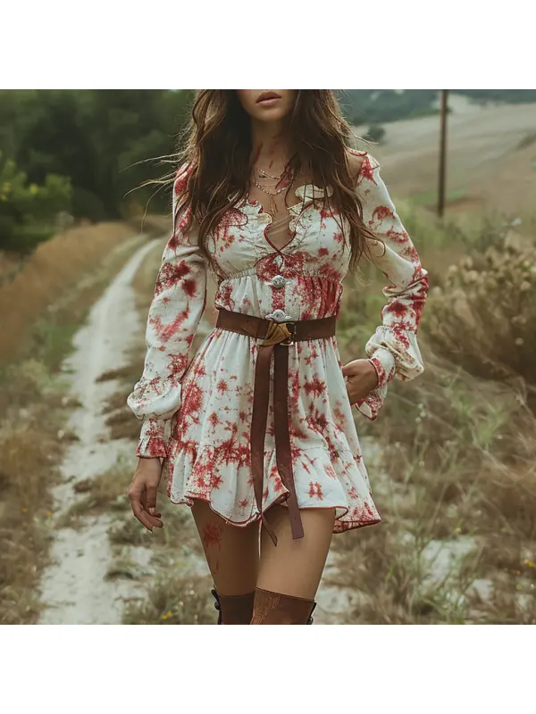 Retro V-neck Women's Tie Dye Long Sleeve Dress Halloween Red And White Short Dress Party Skirt - Cominbuy.com 