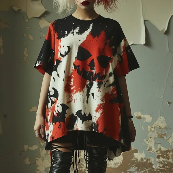 Oversized Halloween T-shirt Pumpkin Bat Tie-Dye T-shirt Gothic Dark T-shirt - Spiretime.com 