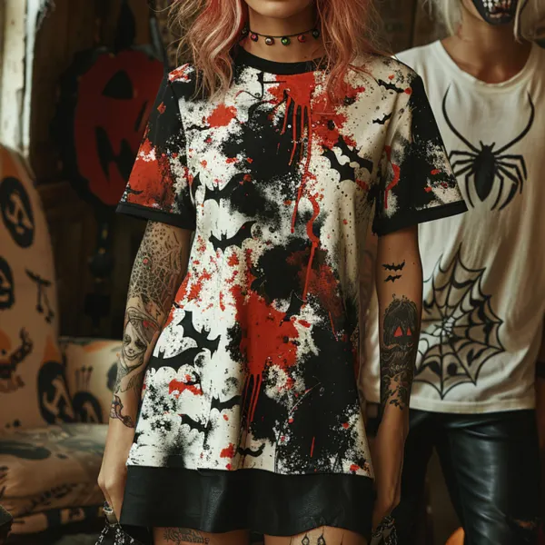 Oversized Halloween T-shirt Pumpkin Bat Tie-Dye T-shirt Gothic Dark T-shirt - Spiretime.com 