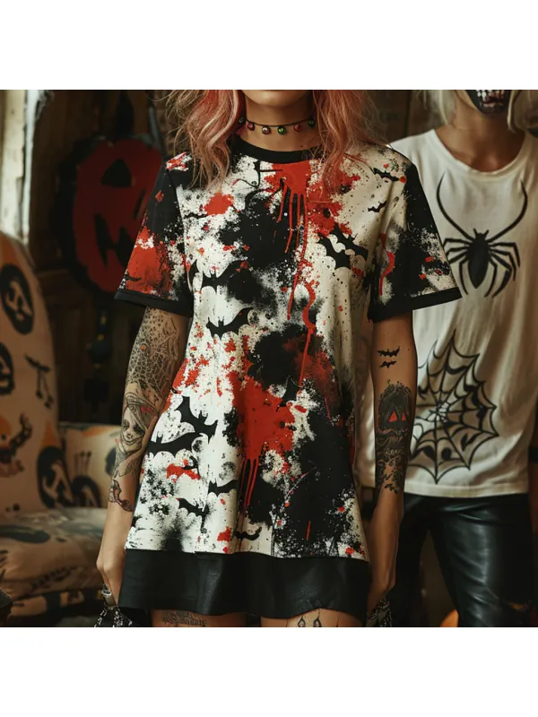 Oversized Halloween T-shirt Pumpkin Bat Tie-Dye T-shirt Gothic Dark T-shirt - Ootdmw.com 