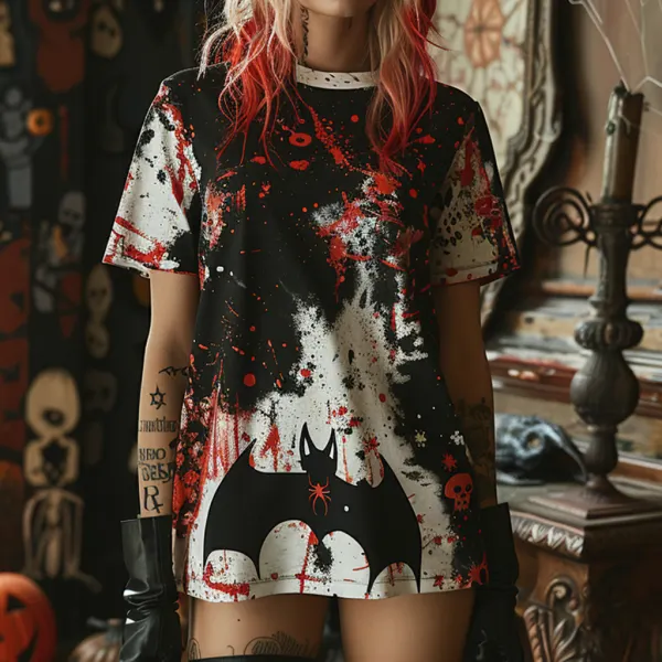 Oversized Halloween T-shirt Pumpkin Bat Tie-Dye T-shirt Gothic Dark T-shirt - Ootdyouth.com 