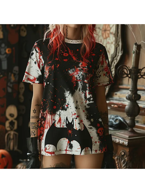 Oversized Halloween T-shirt Pumpkin Bat Tie-Dye T-shirt Gothic Dark T-shirt - Anrider.com 