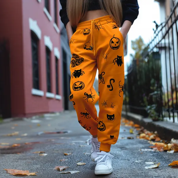 Halloween Pattern Graffiti Fun Skull Colorblocking Women's Jogger Casual Pants - Dozenlive.com 