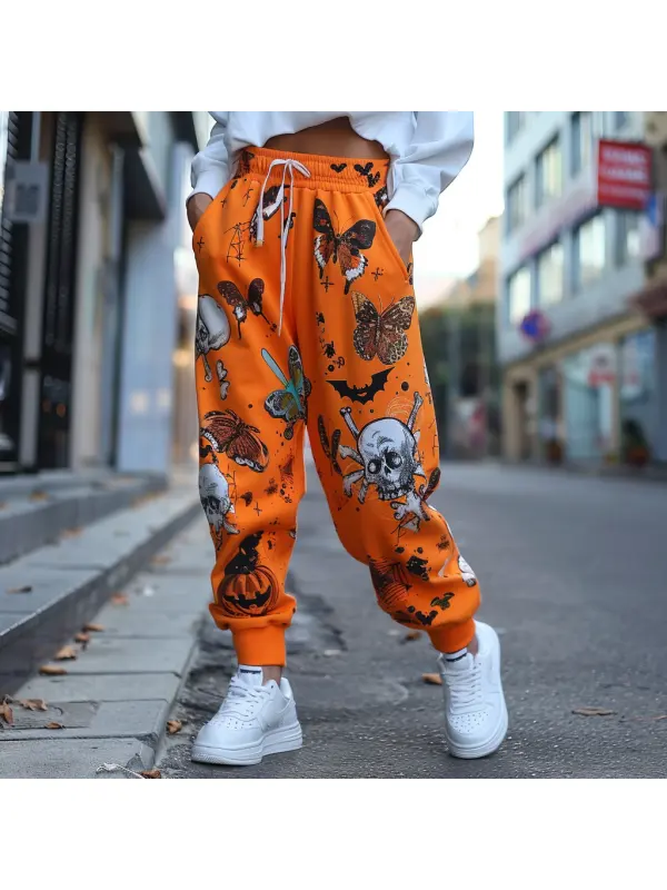 Halloween Butterfly Pumpkin Pattern Women's Jogger Casual Pants - Timetomy.com 