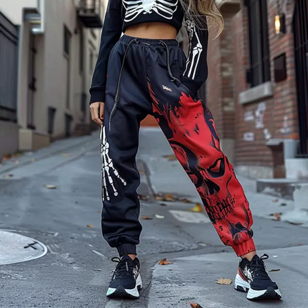 Black Joggers Halloween Skull Pattern Women's Jogging Casual Pants - Dozenlive.com 