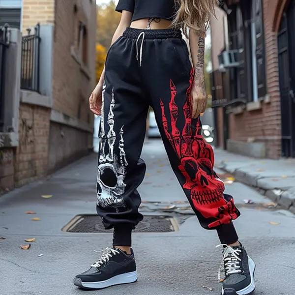 Black Joggers Halloween Skull Pattern Women's Jogging Casual Pants - Dozenlive.com 