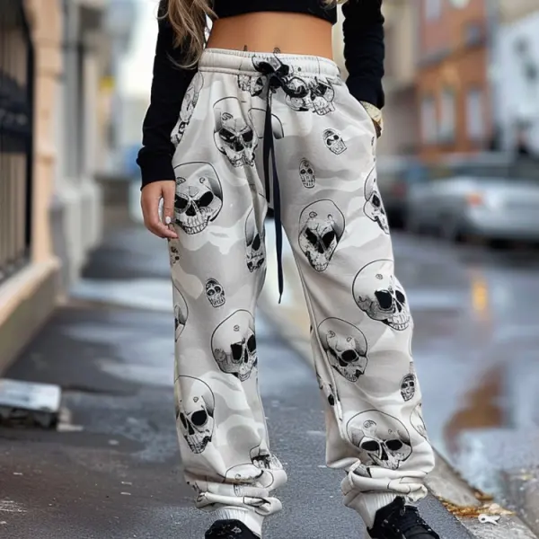 Halloween Skull Pattern Colorblocked Women's Jogger Casual Pants - Anurvogel.com 