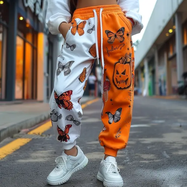 Women's Jogger Casual Pants With Halloween Pattern And Color Blocking - Dozenlive.com 