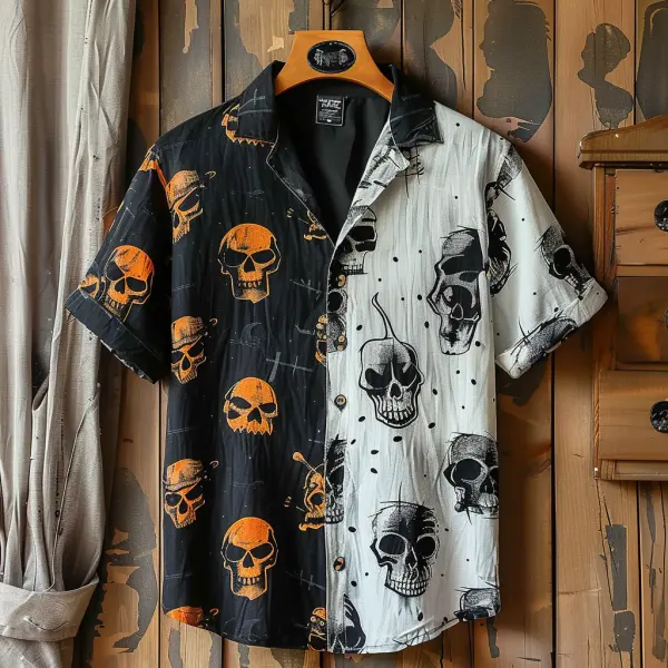 Men's Button Down Shirt Halloween Skull Clash Short Sleeve Shirt - Yiyistories.com 