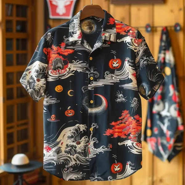 Unisex Button Down Shirt Halloween Skull Clash Short Sleeve Shirt - Yiyistories.com 