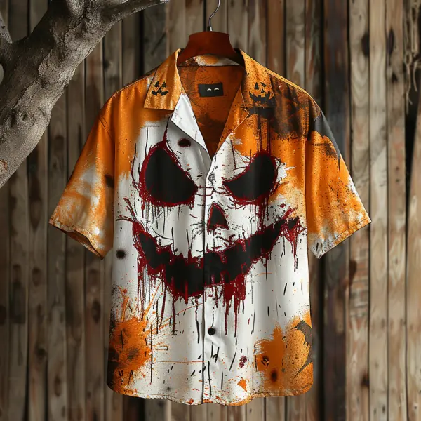 Unisex Button Down Shirt Halloween Skull Clash Short Sleeve Shirt - Yiyistories.com 