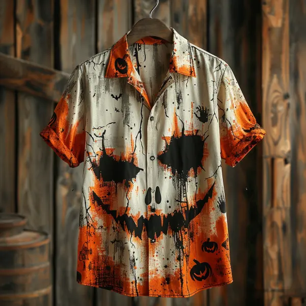 Men's Button Down Shirt Halloween Skull Clash Short Sleeve Shirt - Localziv.com 