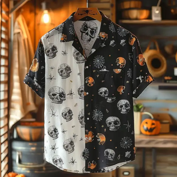 Men's Button Down Shirt Halloween Skull Clash Short Sleeve Shirt - Yiyistories.com 