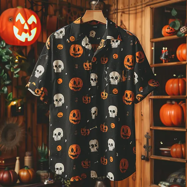 Unisex Button Down Shirt Halloween Skull Clash Short Sleeve Shirt - Yiyistories.com 