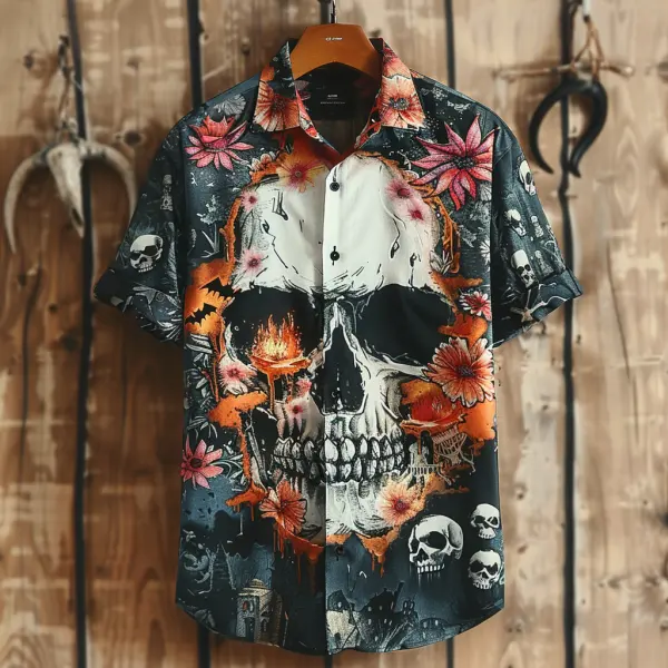 Unisex Button Down Shirt Halloween Skull Clash Short Sleeve Shirt - Yiyistories.com 