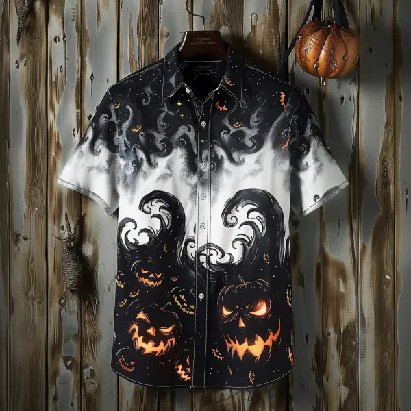 Unisex Button Down Shirt Halloween Skull Clash Short Sleeve Shirt - Yiyistories.com 