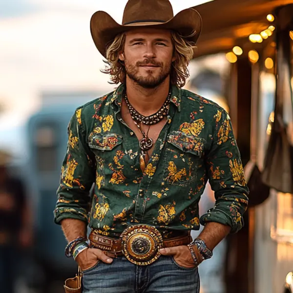 Vintage Retro Western Cowboy Style Men's Casual Shirt - Nicheten.com 