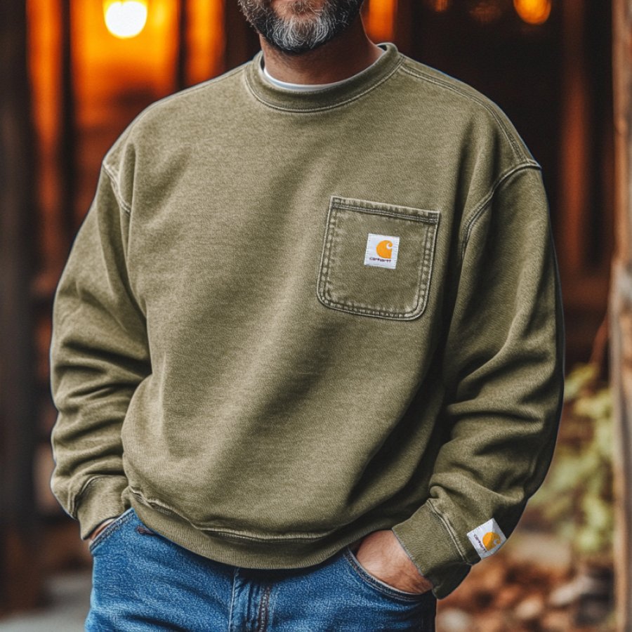 

Men's Outdoor Vintage Water Washed Army Green Pocket Sweatshirt