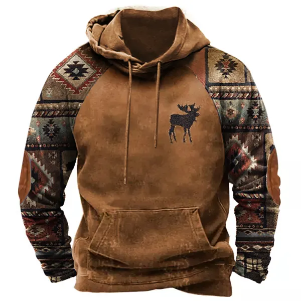 Men's Outdoor Ethnic Print Color Block Hoodie - Nicheten.com 