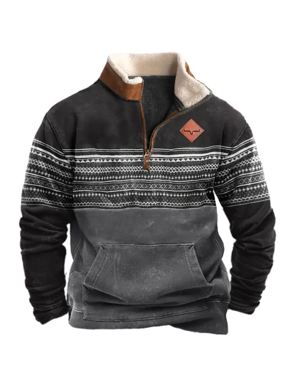 Men's Vintage Western Ethnic Style Zipper Stand Collar Sweatshirt - Aptkoi.com 