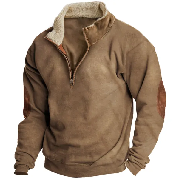 Men's Vintage Fleece Zipper Stand Collar Sweatshirt - Nicheten.com 