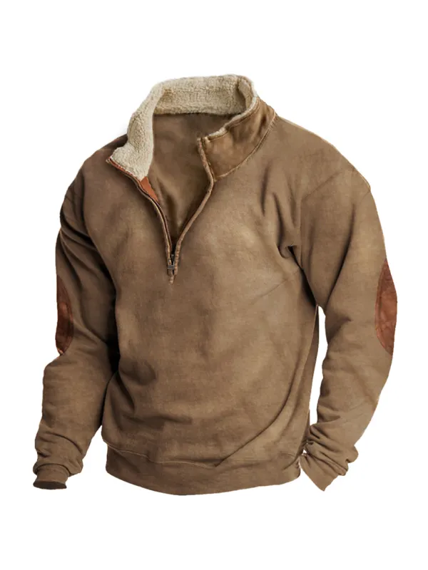 Men's Vintage Fleece Zipper Stand Collar Sweatshirt - Aptkoi.com 