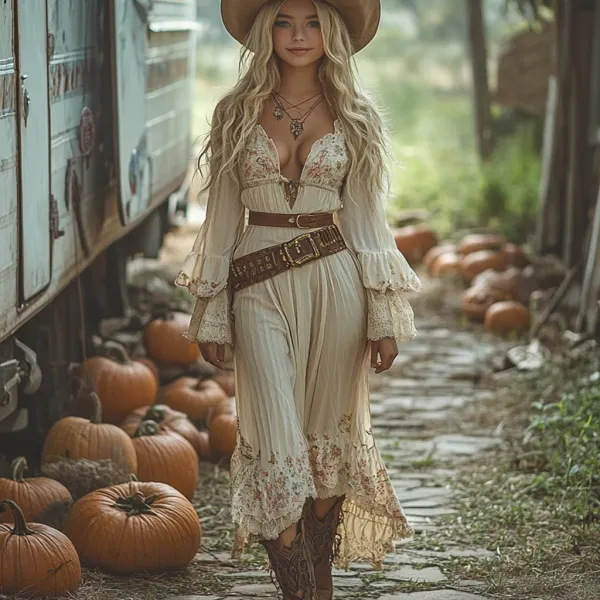 Vintage Cowgirl Style Halloween Floral Dress - Spiretime.com 