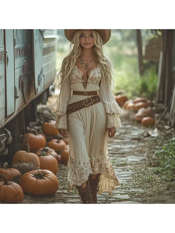 Vintage Cowgirl Style Halloween Floral Dress - Realyiyi.com 