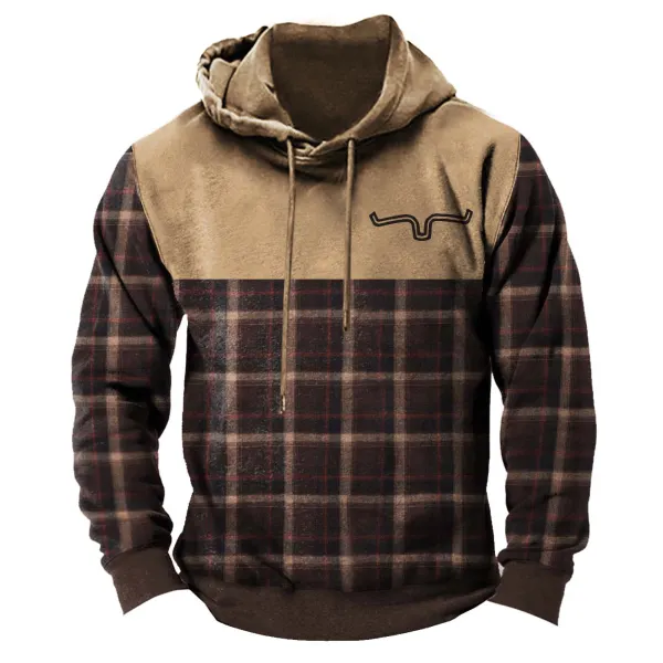 Men's Vintage Plaid Western Color Block Hoodie - Nicheten.com 