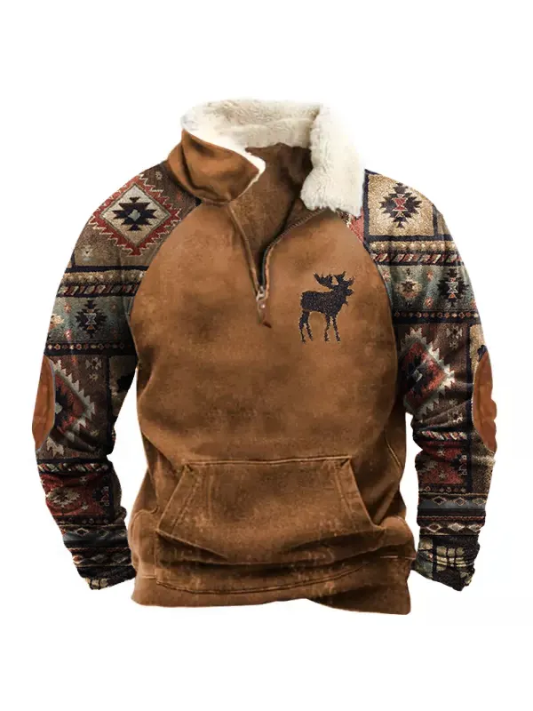 Men's Outdoor Ethnic Print Raglan Sleeves Polo Sweatshirt - Ootdmw.com 