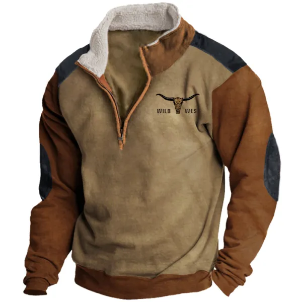 Men's Vintage Western Cowboy Colorblock Zipper Stand Collar Sweatshirt - Anurvogel.com 