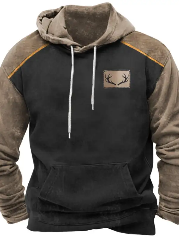 Men's Hoodie Vintage Western Antler Hunting Deer Print Pocket Long Sleeve Daily Tops - Menbarn.com 