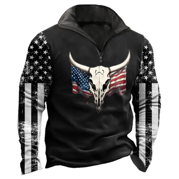 Men's Sweatshirt American Flag Deer Quarter Zip Vintage Daily Tops - Nicheten.com 