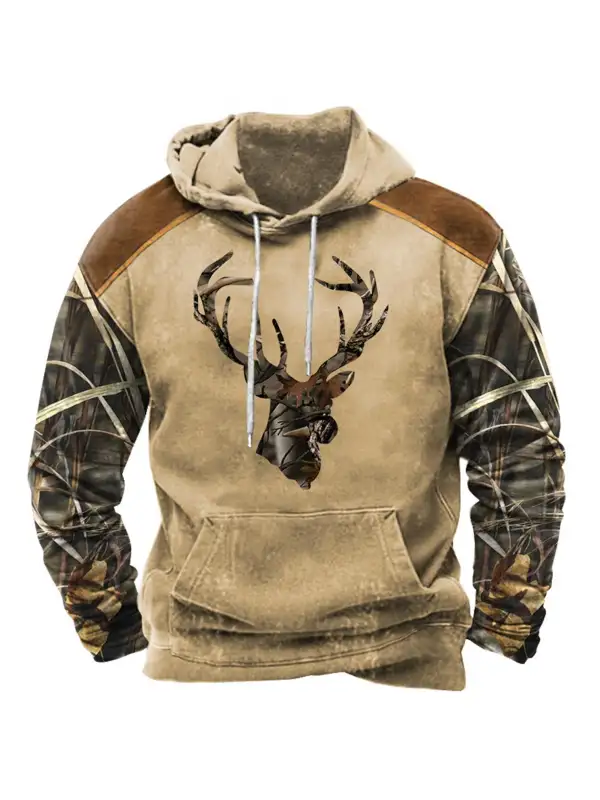 Men's Hoodie Vintage Antler Deer Head Camo Hunting Print Pocket Long Sleeve Daily Tops - Aptkoi.com 