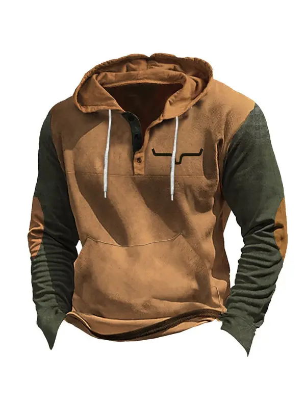Men's Hoodie Vintage Western Cowboy Button Pocket Long Sleeve Daily Tops - Aptkoi.com 