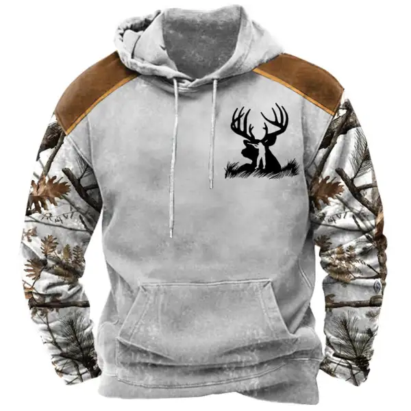 Men's Hoodie Vintage Hunting Deer Woods Print Pocket Long Sleeve Daily Tops - Dozenlive.com 