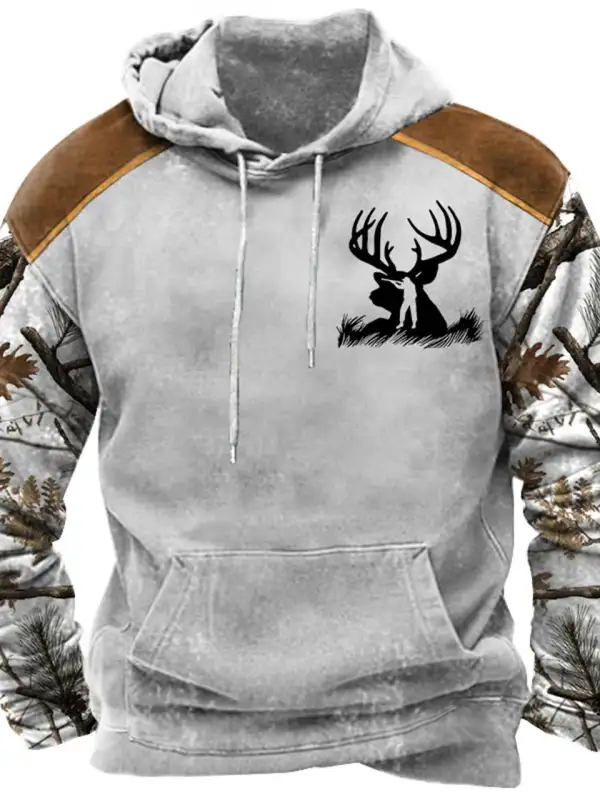 Men's Hoodie Vintage Hunting Deer Woods Print Pocket Long Sleeve Daily Tops - Wantbright.com 