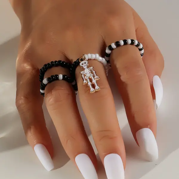 Elastic Rice Bead Ring Skull Skeleton Halloween Ring - Nicheten.com 