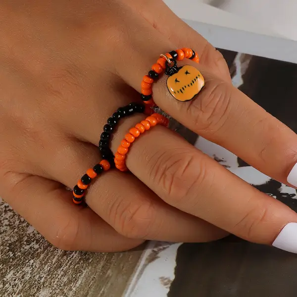 Personalized Elastic Rice Bead Ring Set Pumpkin Pendant Halloween Ring - Anurvogel.com 