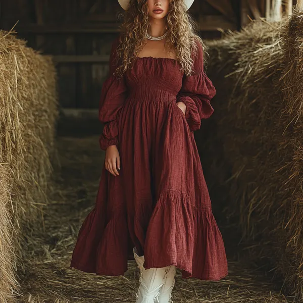 Vintage Denim Girls Linen Puff Sleeve Dress - Dozenlive.com 