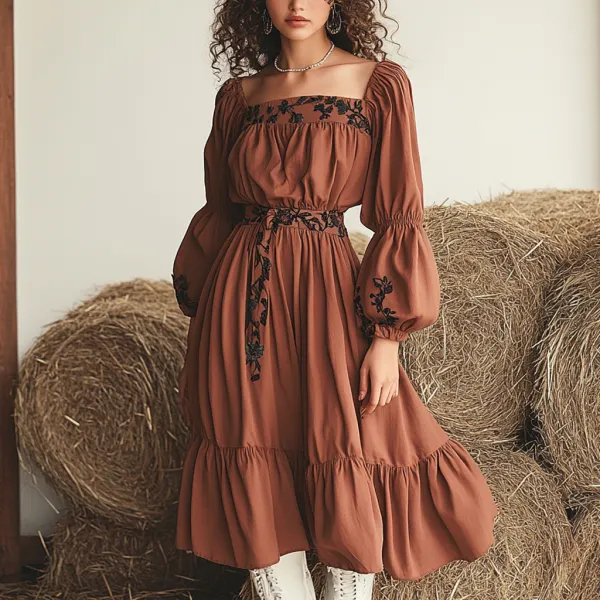 Vintage Denim Girls Linen Floral Puff Sleeve Dress - Dozenlive.com 