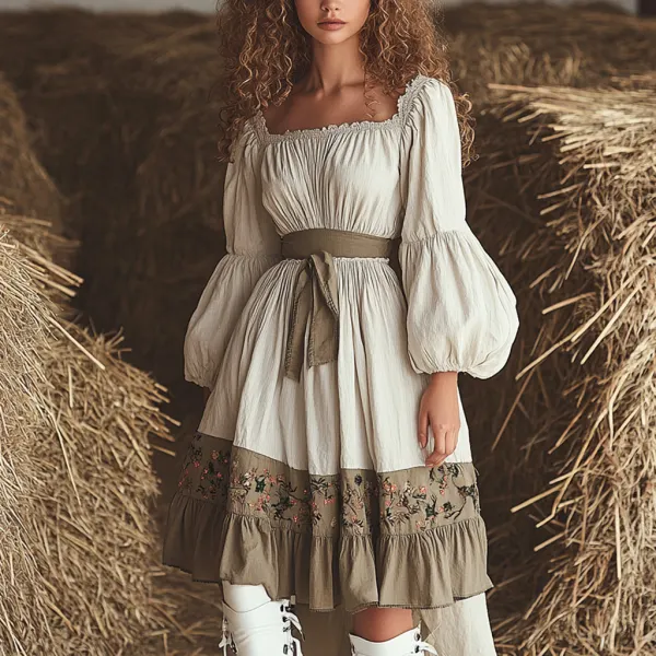 Vintage Denim Girls Linen Floral Puff Sleeve Dress - Localziv.com 