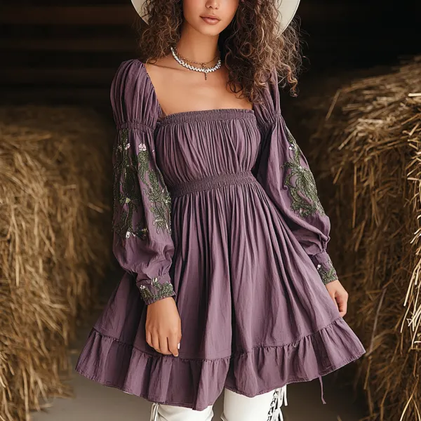 Vintage Denim Girls Linen Floral Puff Sleeve Dress - Dozenlive.com 