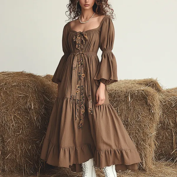 Vintage Denim Girls Linen Floral Puff Sleeve Dress - Dozenlive.com 