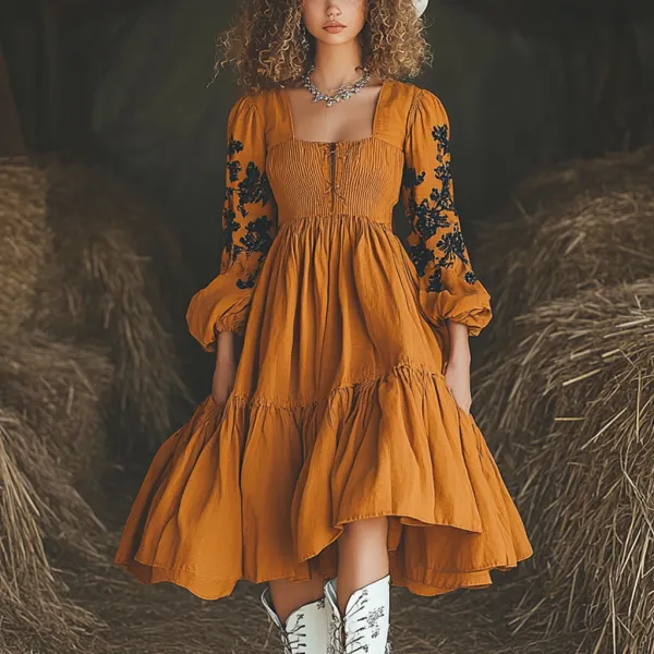 Vintage Denim Girls Linen Floral Puff Sleeve Dress - Dozenlive.com 